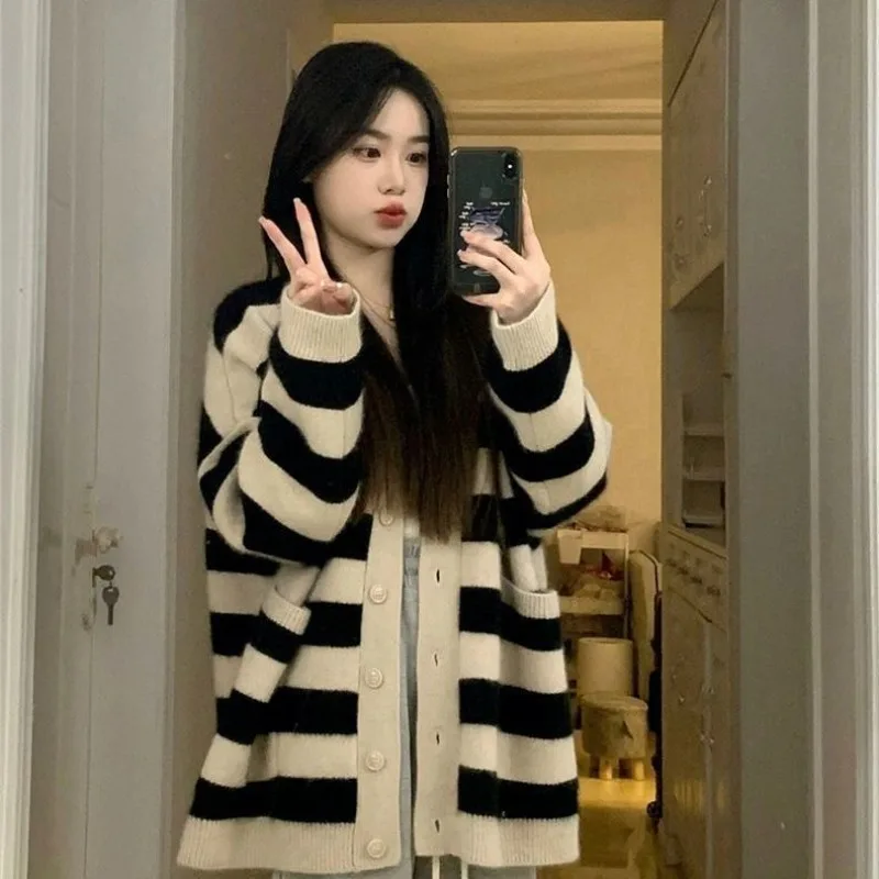 Sweater Female 2023 Spring Wear Korean Loose Slouchy Sweater Striped Knitted Cardigan Coat Women Spring and Autumn Sweater Top