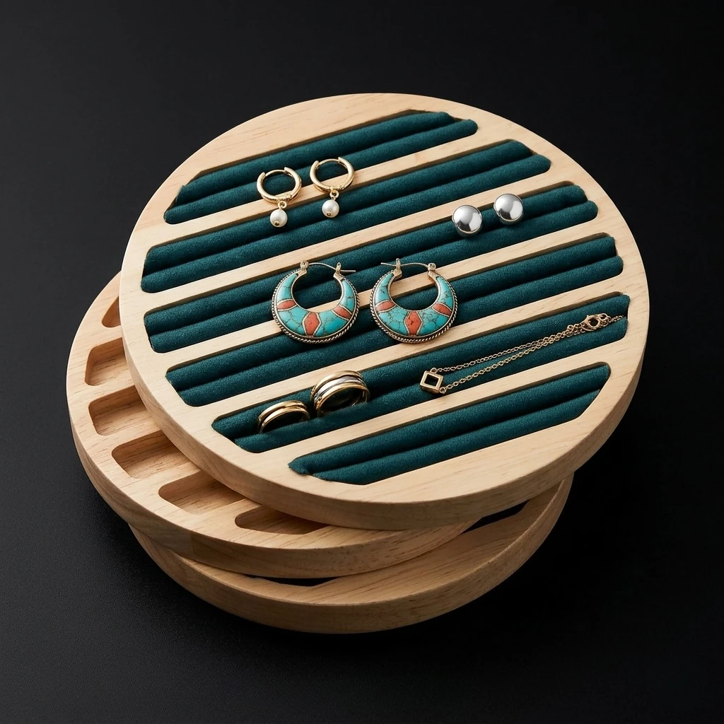 

Stackable Wood Earring Tray 6 Slots Round Flannel Lined Jewelry Storage Organizer Display Case for Collector Gift