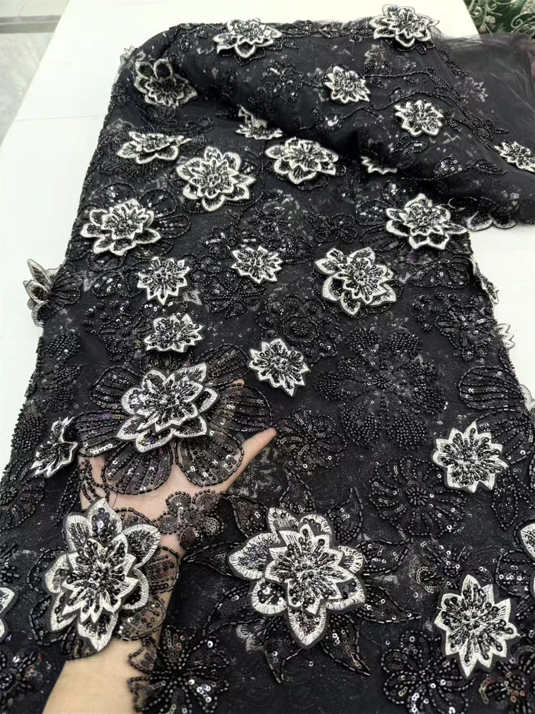 3D Flowers African Beaded Lace 2026 High Quality Nigerian French Mesh Lace Fabric With Sequins For Wedding Party Dress Women