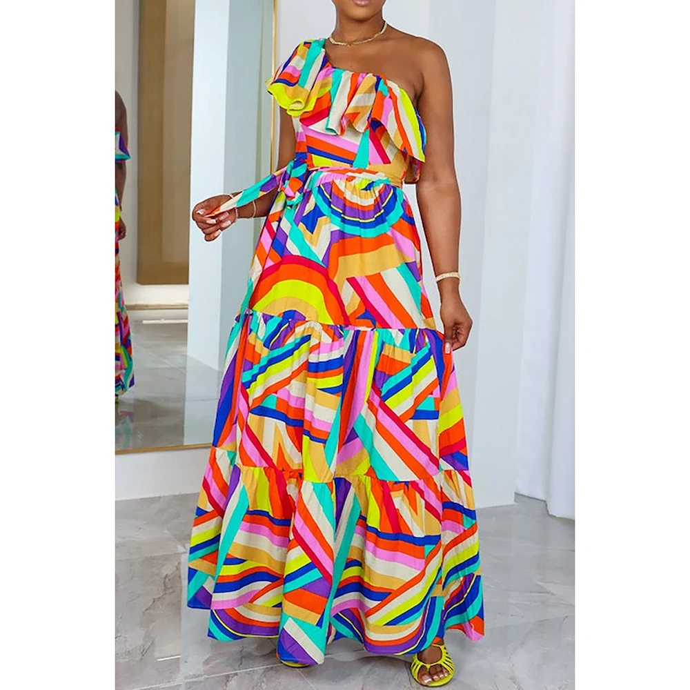 Plus Size Multicolor Casual All Over Print One Shoulder Ruffle Rainbow Maxi Dresses