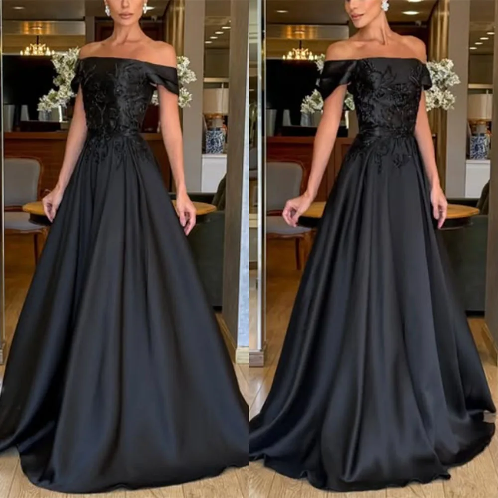 

High Quality Customized Floor Length Appliques A-line Black Off Shoulder Woman Vestido De Festa Madrinha البائع سيرين فساتين