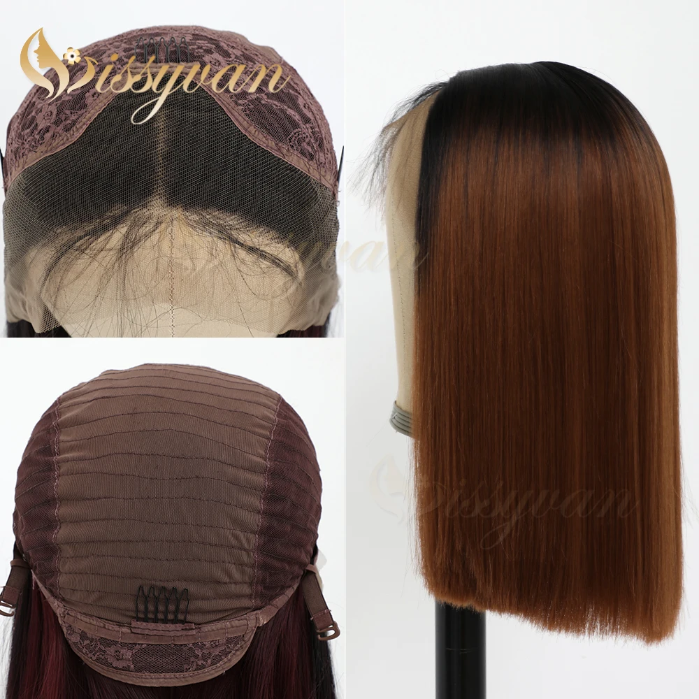 Missyvan Brown Ombre Color Short Bob Hair with Babyhair Synthetic Lace Front Wigs for Black Women