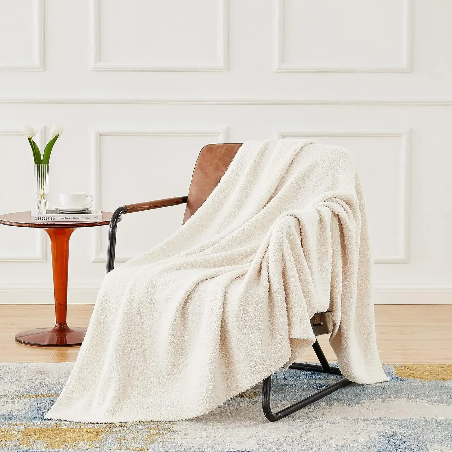 Knit Throw Blanket for Couch Cream White - Super Soft Lightweight Plush Fuzzy Fluffy Cozy Blankets 50 x 60 inches