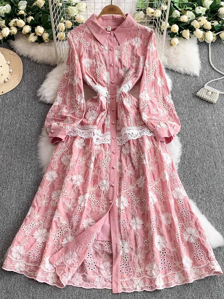 Luxury Vintage Floral embroidery shirt dress Women's 2025 New Elegant Long sleeve lace patchwork Midi dresses Beach INKEO 5D134
