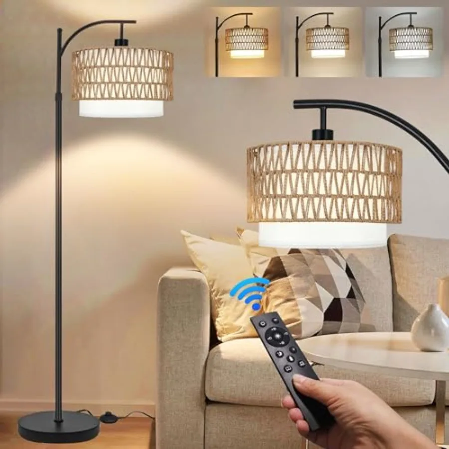 

Arc Floor Lamp for Living Room Boho Floor Lamps with Remote Control and with 3 Color TemperaturesRattan Wicker Standing Lamp Di