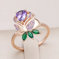 Kienl Vintage Purple Natural Zircon Ring for Women High Quality Fine Daily Jewelry 585 Rose Gold Color Crystal Flower Big Ring