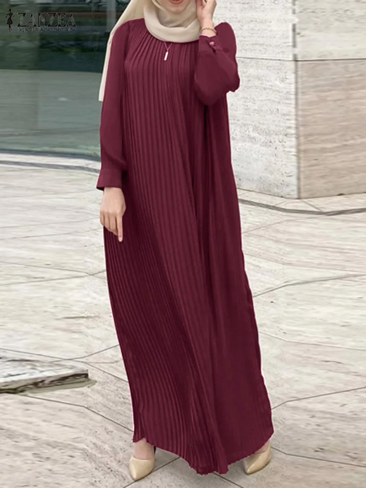 ZANZEA Fashion Long Sleeve Party Sundress Elegant Women Muslim Dress Abaya Solid Pleated Vestidos Belted Robe IsIamic Clothing