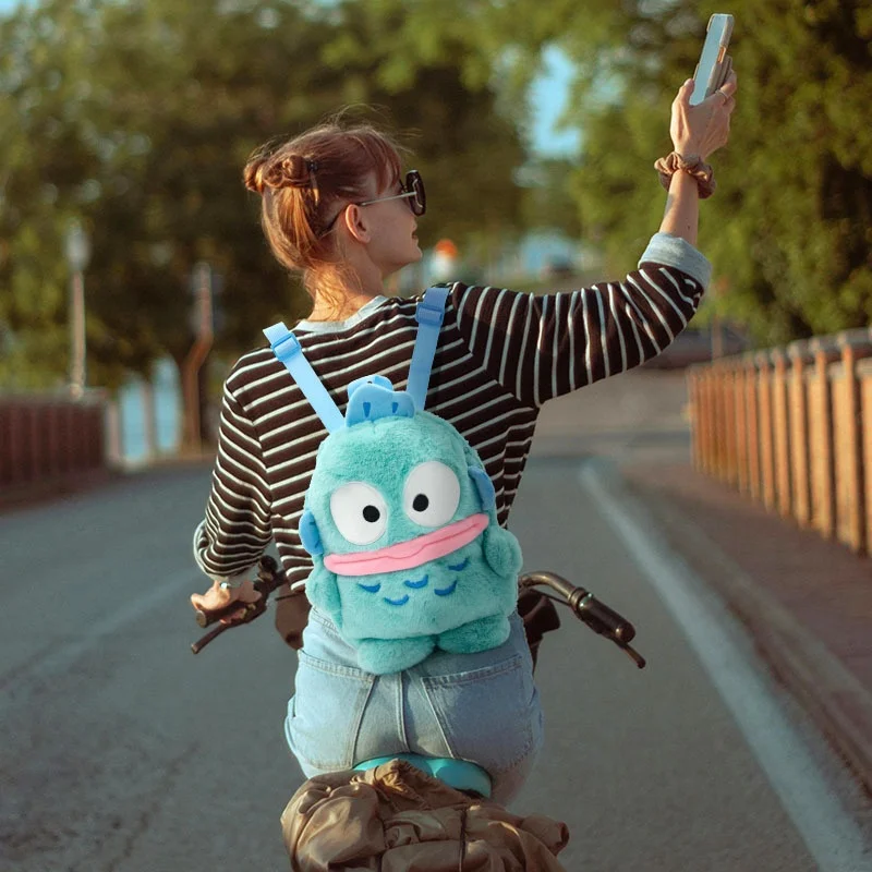 

About 33Cm Sanrio Hangyadon Blue Fluffy Plush Backpack Student Class Schoolbag Book Storage Go Out Travel Clothing Storage Gift
