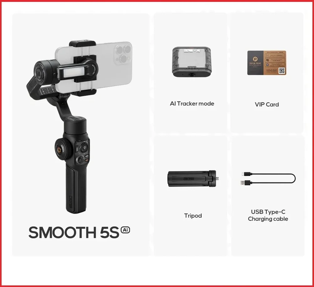Zhiyun Smooth 5S AI 스마트폰 안정기 짐벌, 3 축 핸드헬드, 아이폰 15 프로 맥스 14 13 샤오미 삼성 화웨이 VS DJI OM 6
