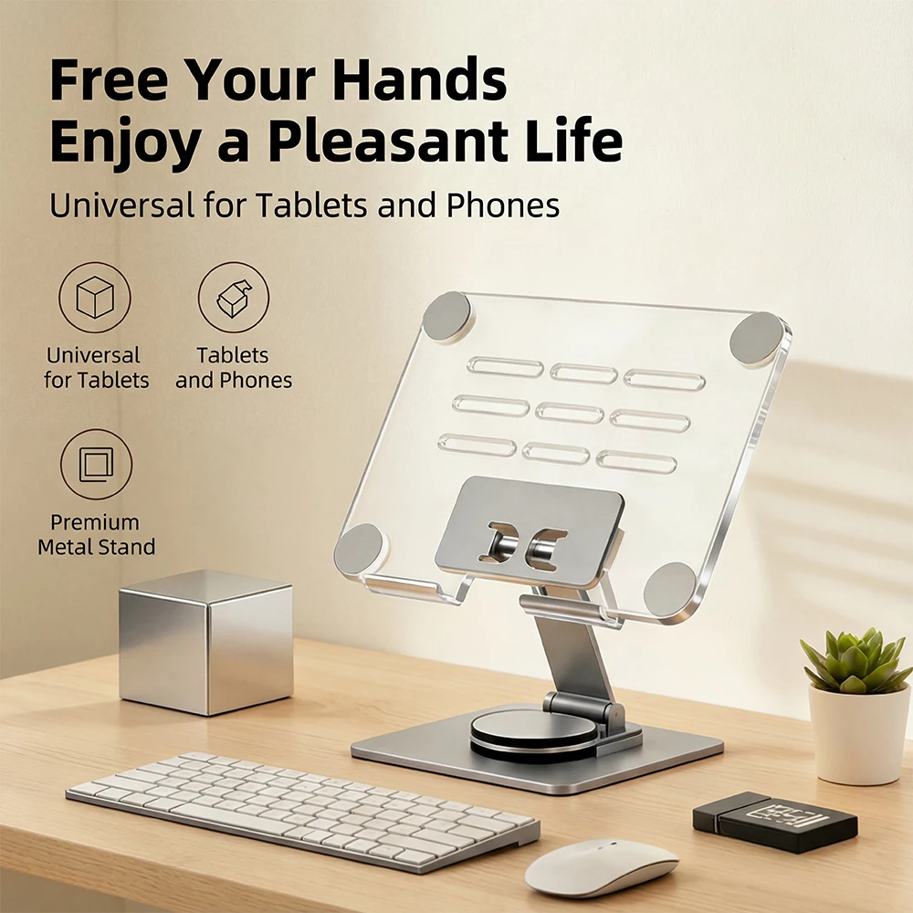 

Премиальная алюминиевая подставка для планшета с поворотом на 360°, акриловый настольный держатель, регулируемый складной кронштейн для телефона, совместимый с iPad, iPhone, Samsung