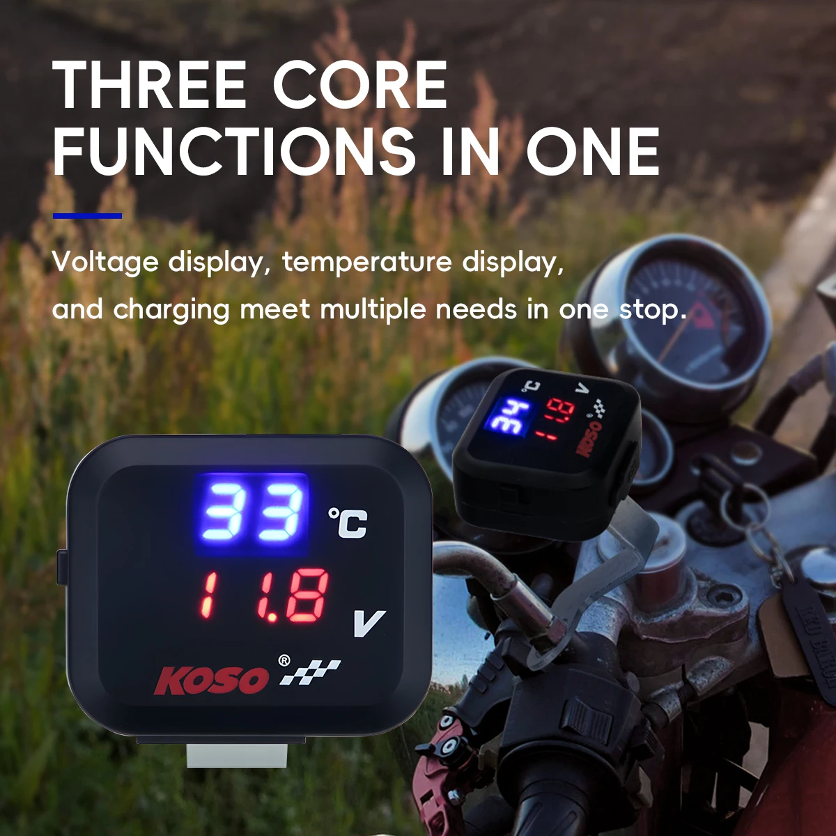 3IN1 Motorcycle USB Fast Charger with Thermometer and Voltmeter Waterproof USB Sockets For Cell Mobile Phone Emergency Charging