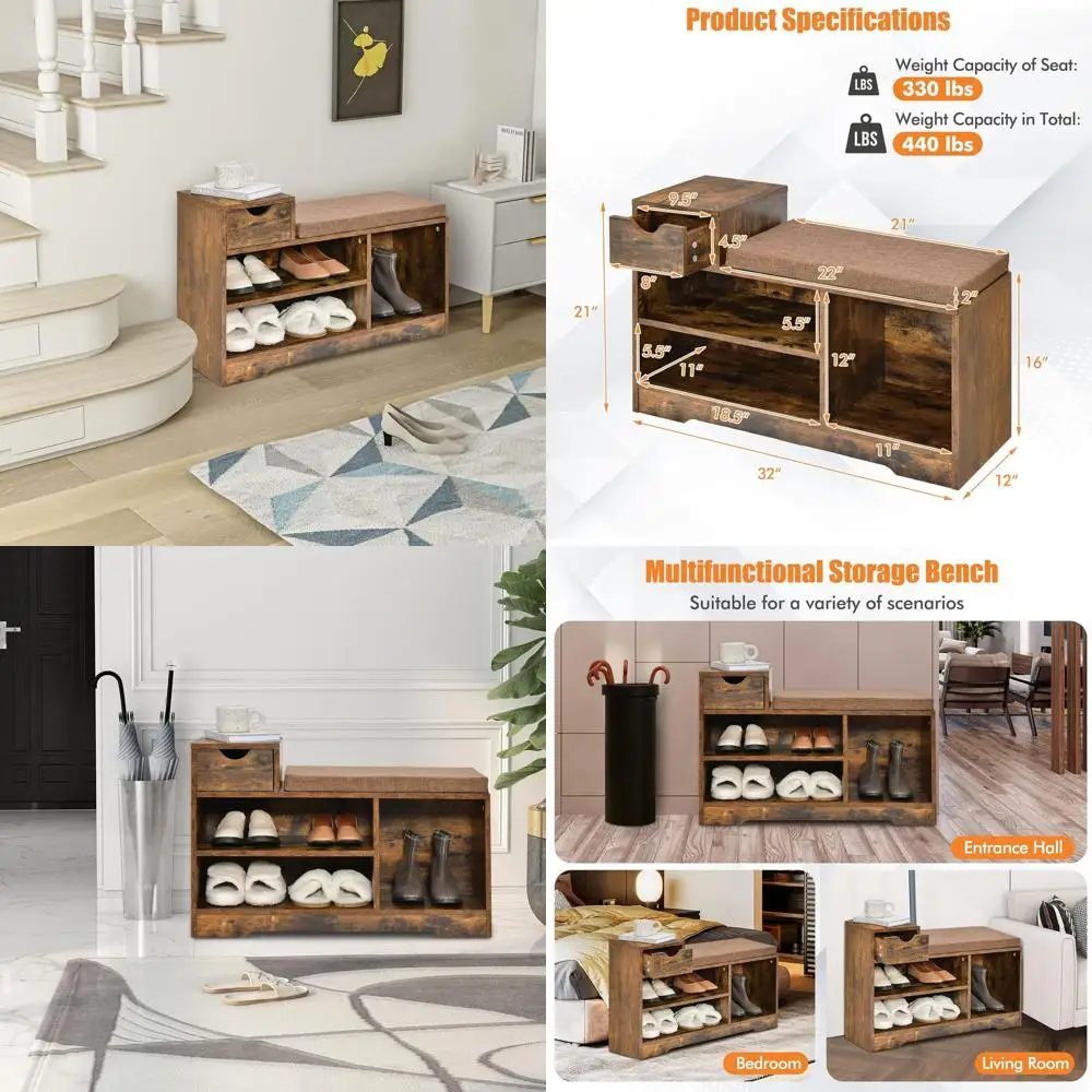 

Двухуровневая скамья-полка для обуви с подушкой, выдвижным ящиком и открытой полкой, грузоподъемность 330 фунтов, цвет: рустик-коричневый