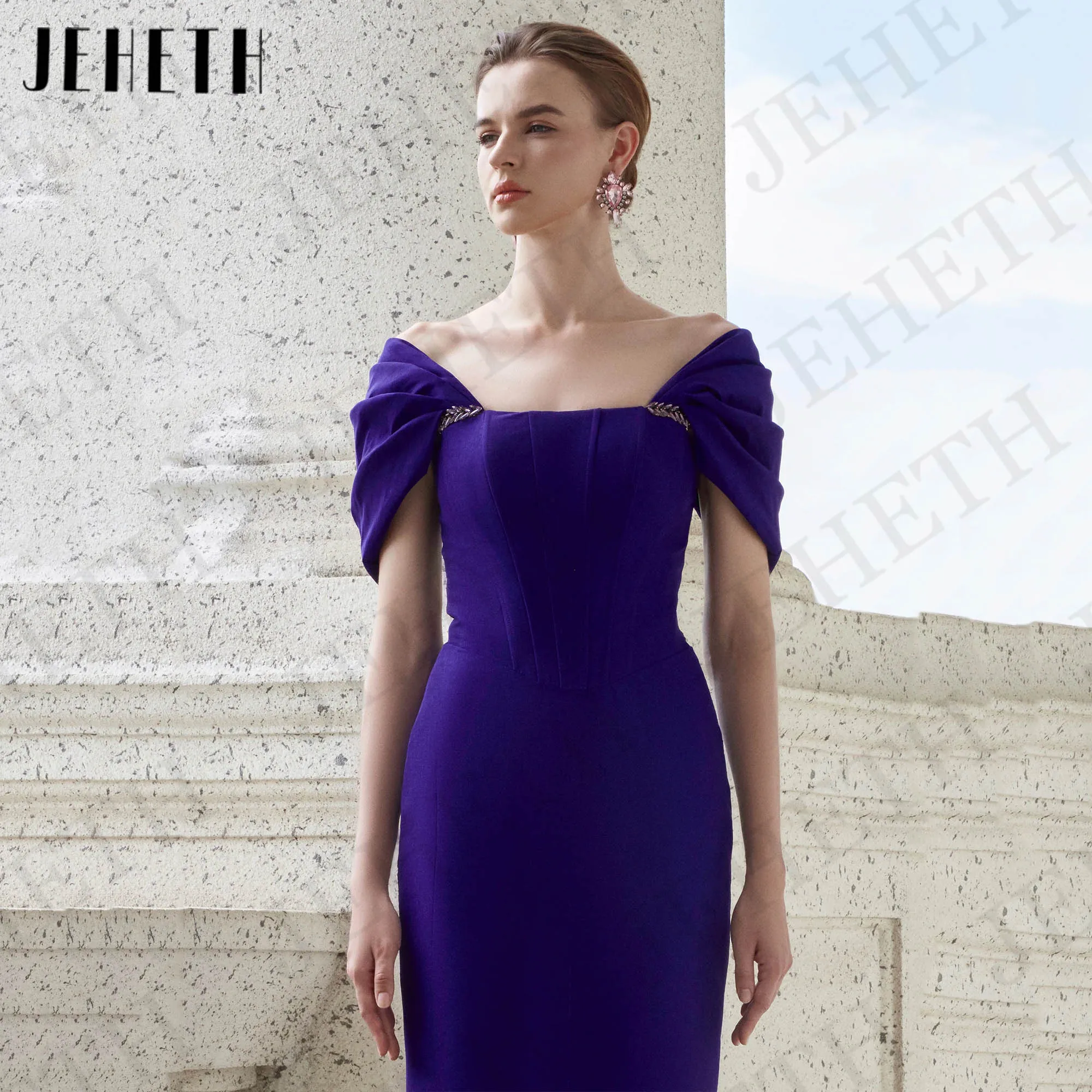 JEHETH Elegant Off The Shoulder Evening Dress فساتين سهرات Purple Mermiad Stretchy Soft Satin Banquet Party Dress Floor Length