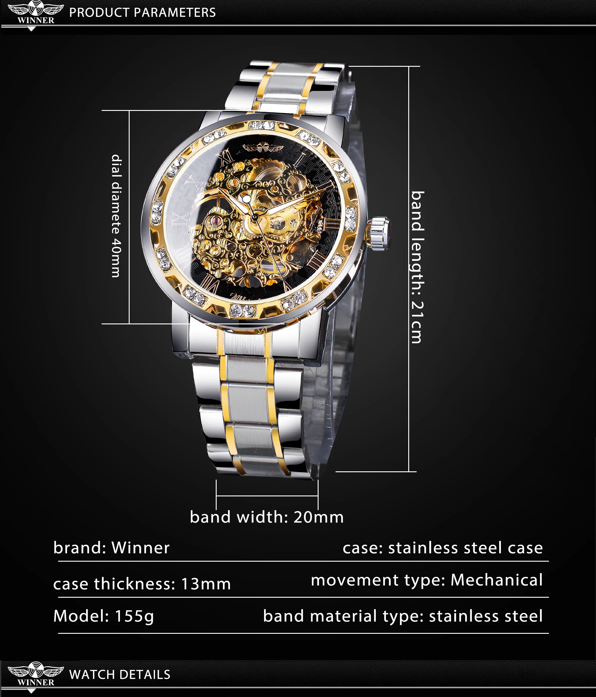 Winner Transparent Fashion Diamond Luminous Gear Movement Royal Design Men Top Brand Luxury Male Mechanical Skeleton Wrist Watch