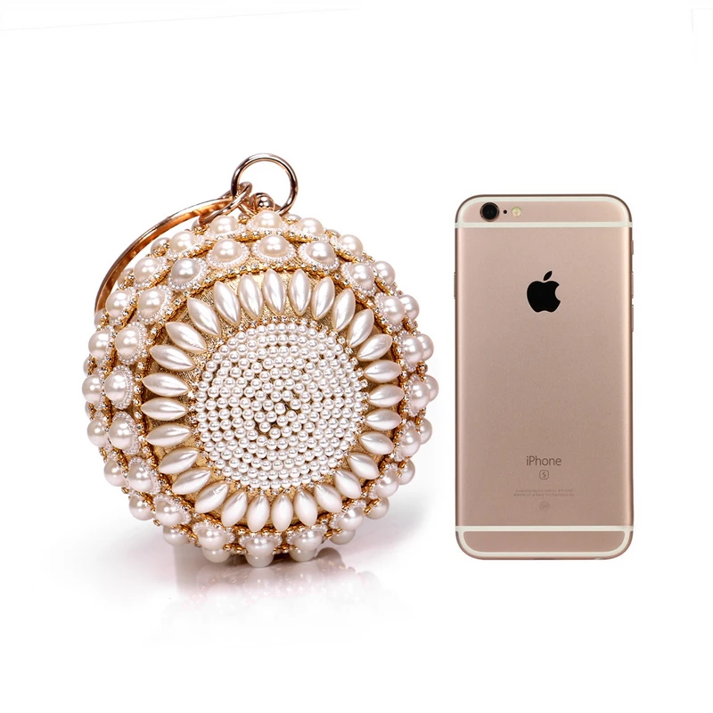 Beaded Diamonds Women Day Clutches Rhnestones Pearl Evening Bag Circular Shaped Chain Shoulder Handbags For Party Purse