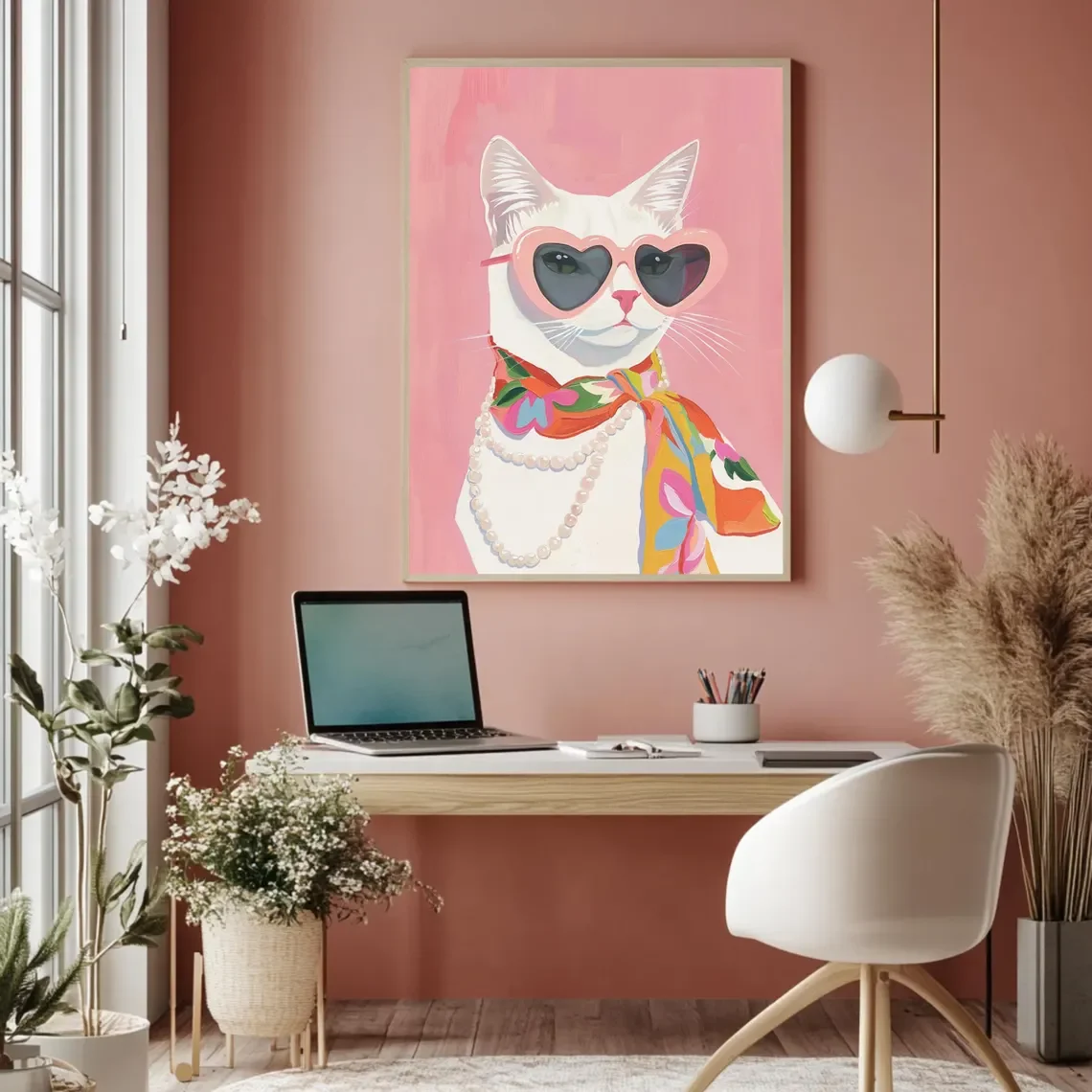 Fashion Cat Poster – Girly Pop Art Heart-Shaped Glasses & Pearls | Maximalist Art Print for Cat Lovers | Dopamine Decor in Pink