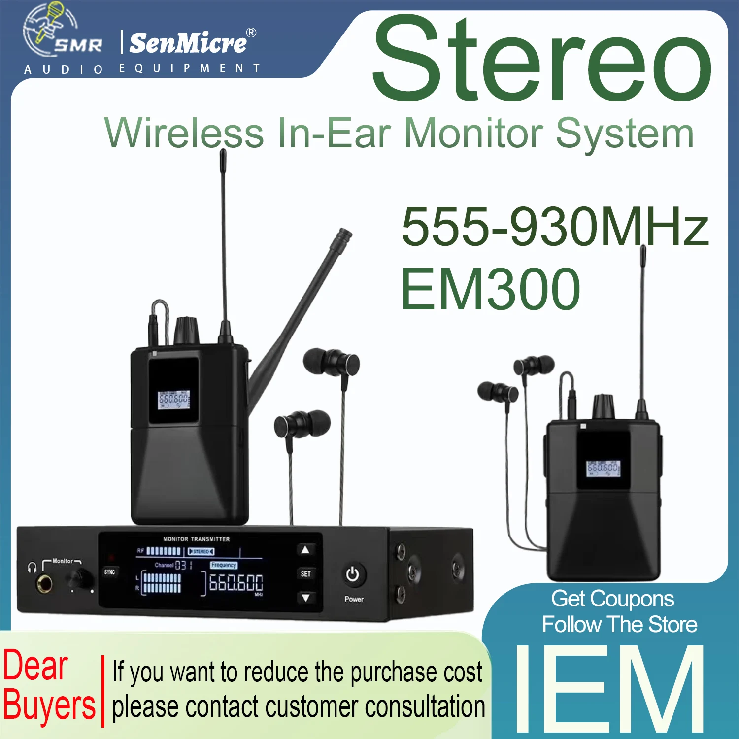 SenMicre EM300 professional stereo in-ear wireless monitoring system stage performance personal wireless monitor 555-930HMZ