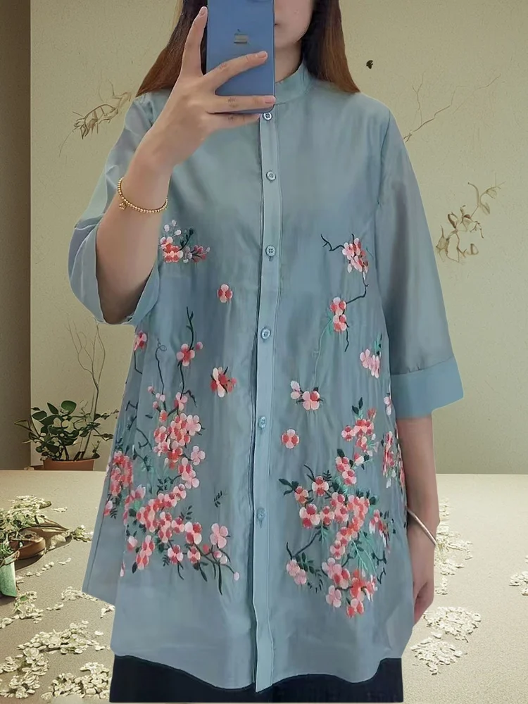 Hohe Qualität Chinesischen Stil Stehkragen Top Für Frauen Halbarm Sommer Exquisite Stickerei Mittlere Länge Hemd M-XXL