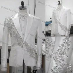 White Crystals Black Men Suits Set 2 Pieces Blazer+Cotton Black Pants Custom Made Jacket Wedding Tuxedo Office Custom Made Coat