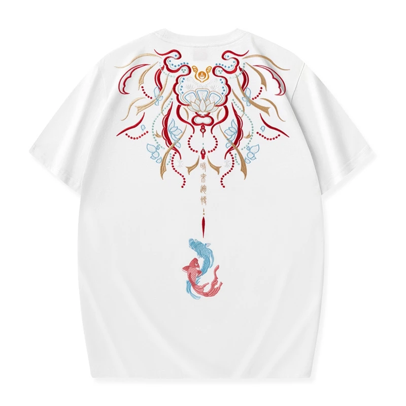 Lyprerazy Chinese Style Koi Fish Lotus Flower Embroidery Short-sleeved Men T-shirt Summer Cotton Loose Tops Tees