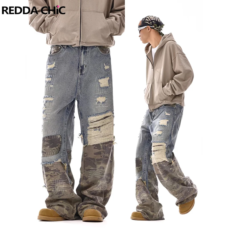 

REDDACHIC Men Ripped Denim Spliced Camo Wide Leg Pants Vintage Wash Distressed Low Waist Casual Baggy Jeans High Street Clothes