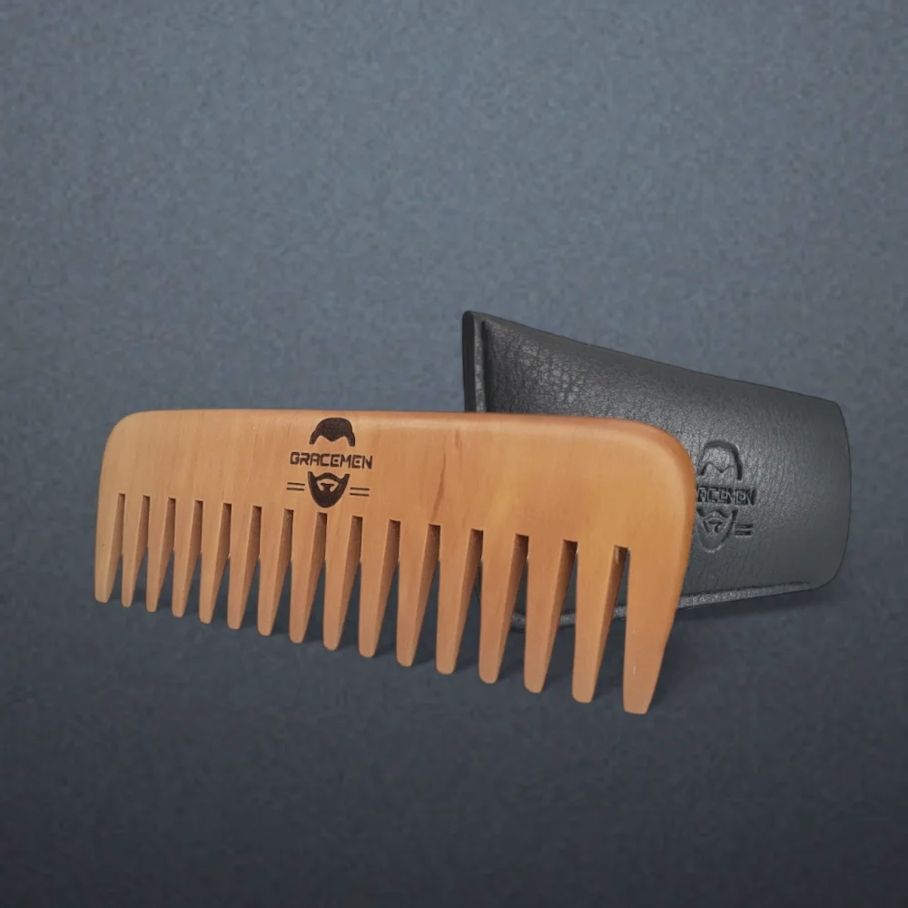 The Gracemen Natural Wood Beard Comb Wide Teeth Detangling Wooden Hair Comb with PU Leather Sleeve