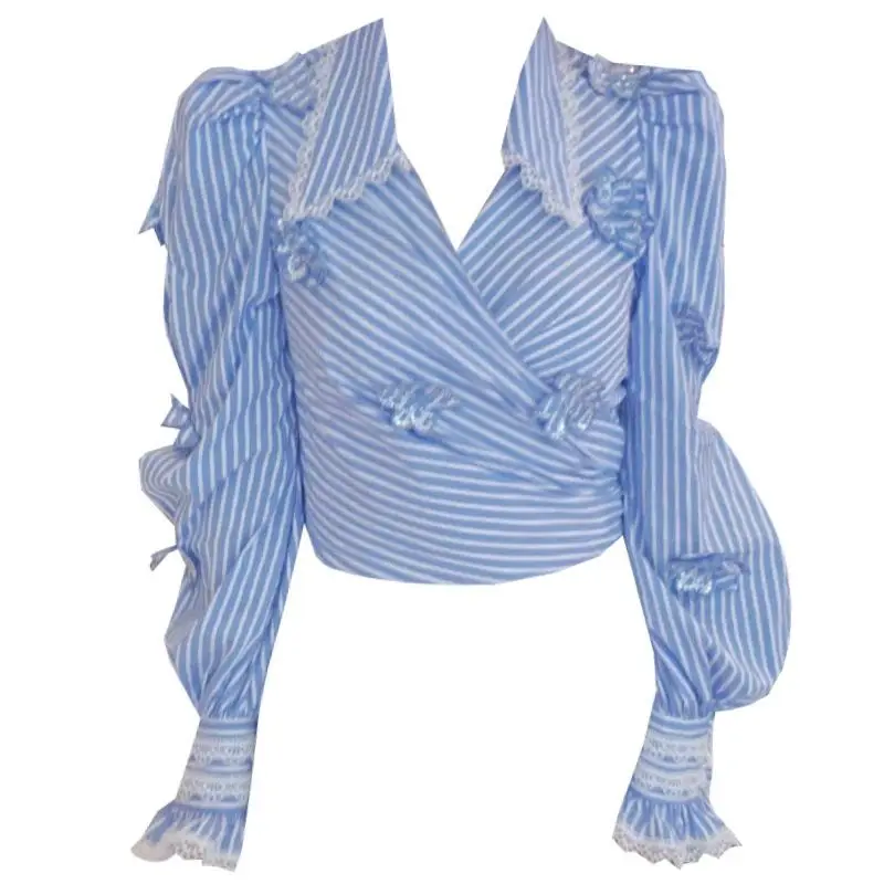 

French Chic Blue Striped Flower Long Sleeve Shirt Women's Spring and Autumn New Short Shirt Niche Design Top