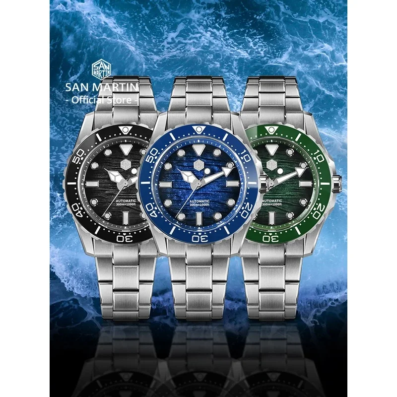San 40mm Luxury Men Diver Watch Enamel Wave Dial ST2130 Classic Automatic Mechanical Watches Lume Waterproof 300m SN0154
