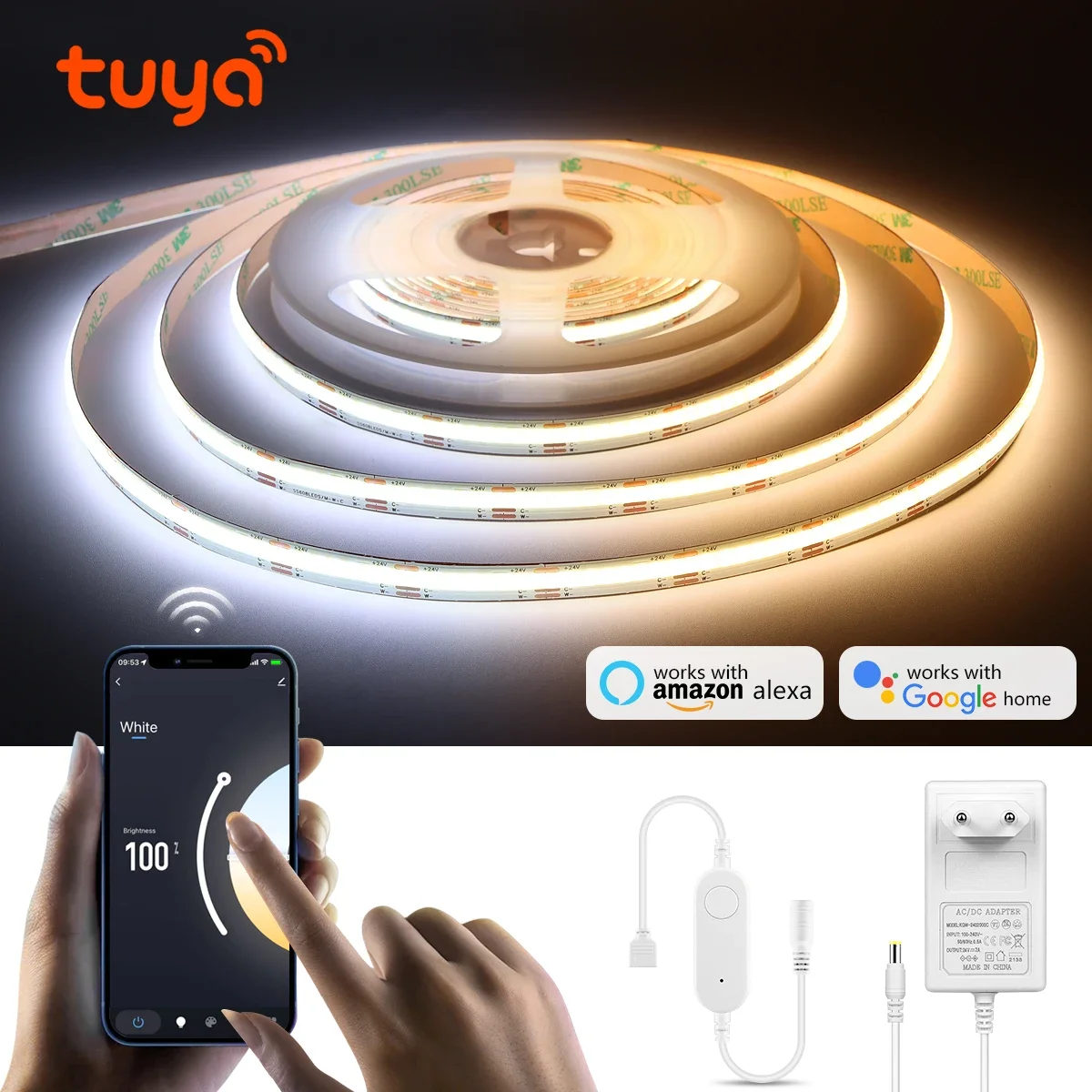 

Tuya Smart WiFi COB LED Strip Light, 608LEDs/M High Density, 2700K-6000K CCT Adjustable, APP Voice Control via Alexa Google Home