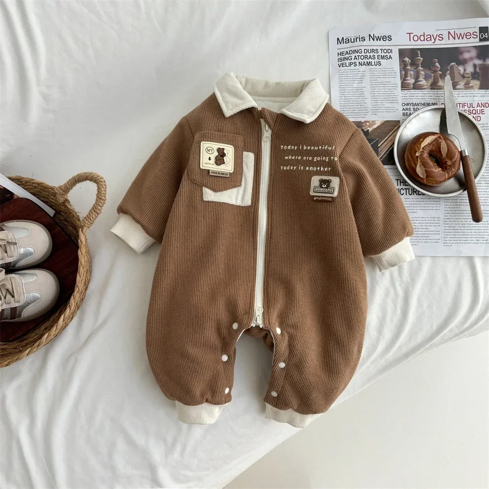 2024 Winter New in Kids Infant Boys Thicken Warm Clothing , Toddler Baby Little Bear Pocket Jumpsuits Newborn Romper 0-24M