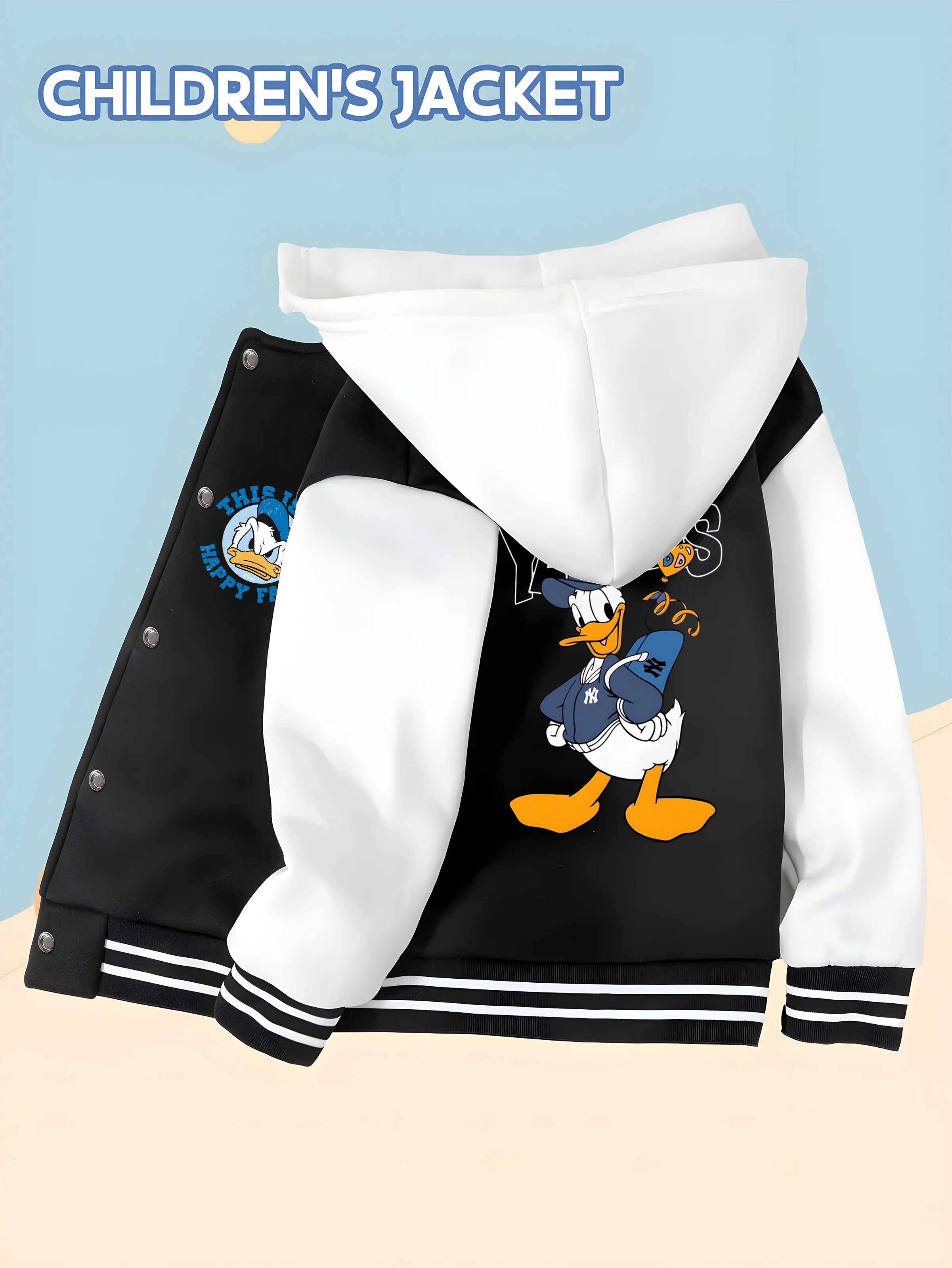 

MINISO Disney Donald Duck Trendy Boys Baseball Jacket - Double-sided Letter Cartoon Print Trendy and Versatile School Wear