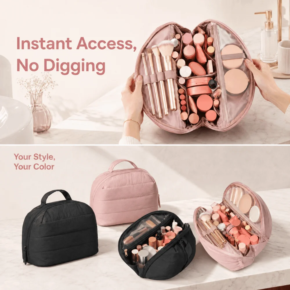 Foldable Travel Makeup Bag Adjustable Dividers Multi-Compartment Toiletry Pouch Portable Zipper Closure Makeup Organizer Outdoor