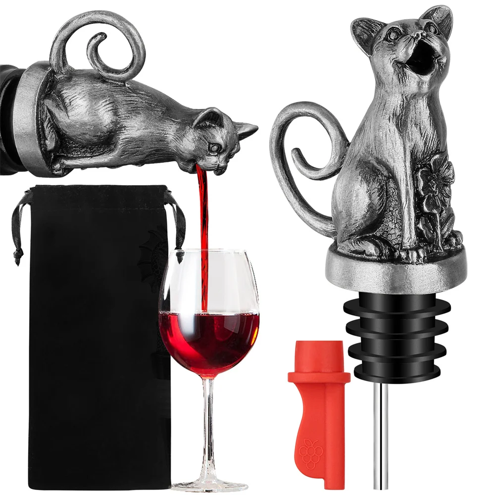 Lovely Metal Cat 2-in-1 Wine Pourer Mouth with Red Stopper Champagne Seal Cover Bar Accessories Wine Gift