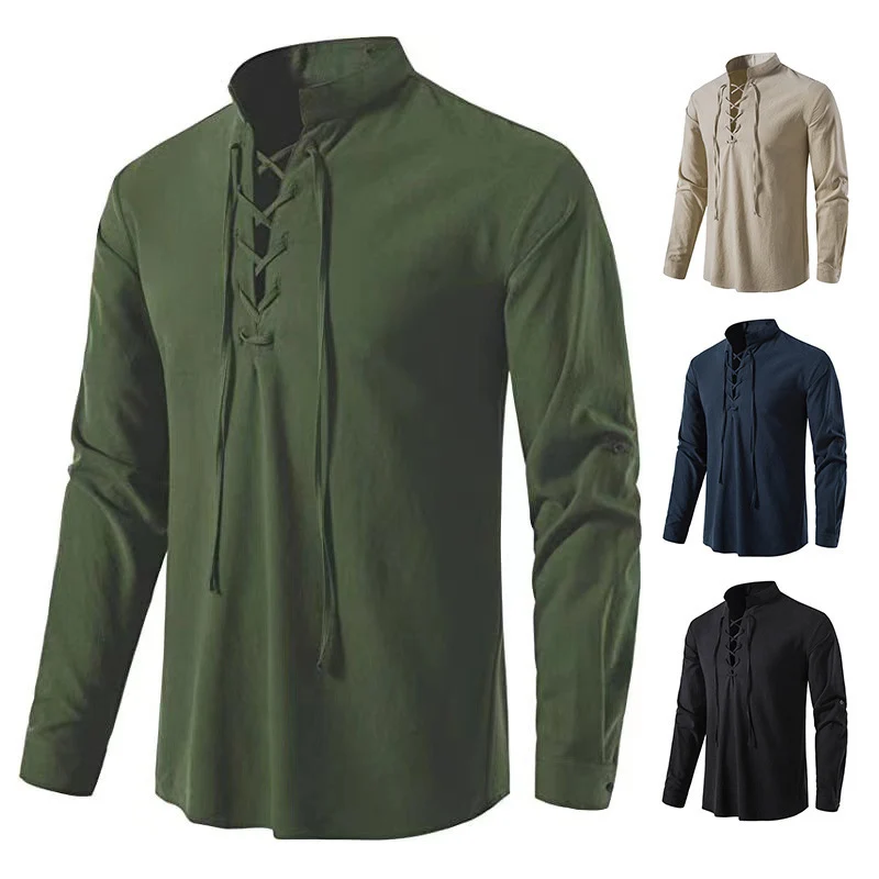 

Fitn Men's Long Sve Linen irt Stand Collar Slimming een Base irt Autumn Faion New Sle Personalized oelace