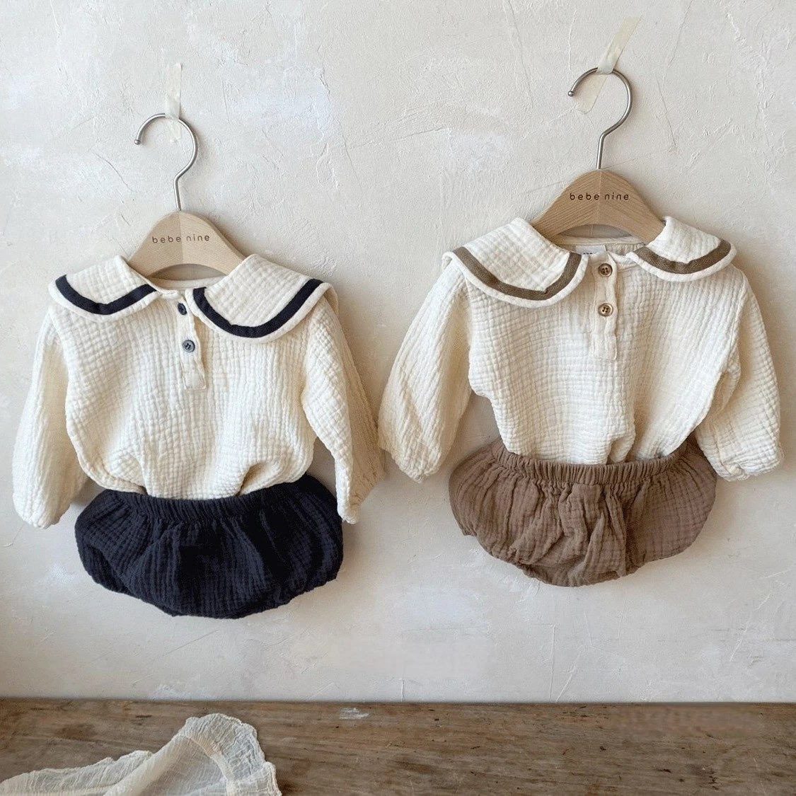 Newborn Baby Girls Boys Autumn Full Sleeve Navy Collar Top Tees Solid Bread Bottoms Infant Kids Pure Cotton Clothing Set 2pcs