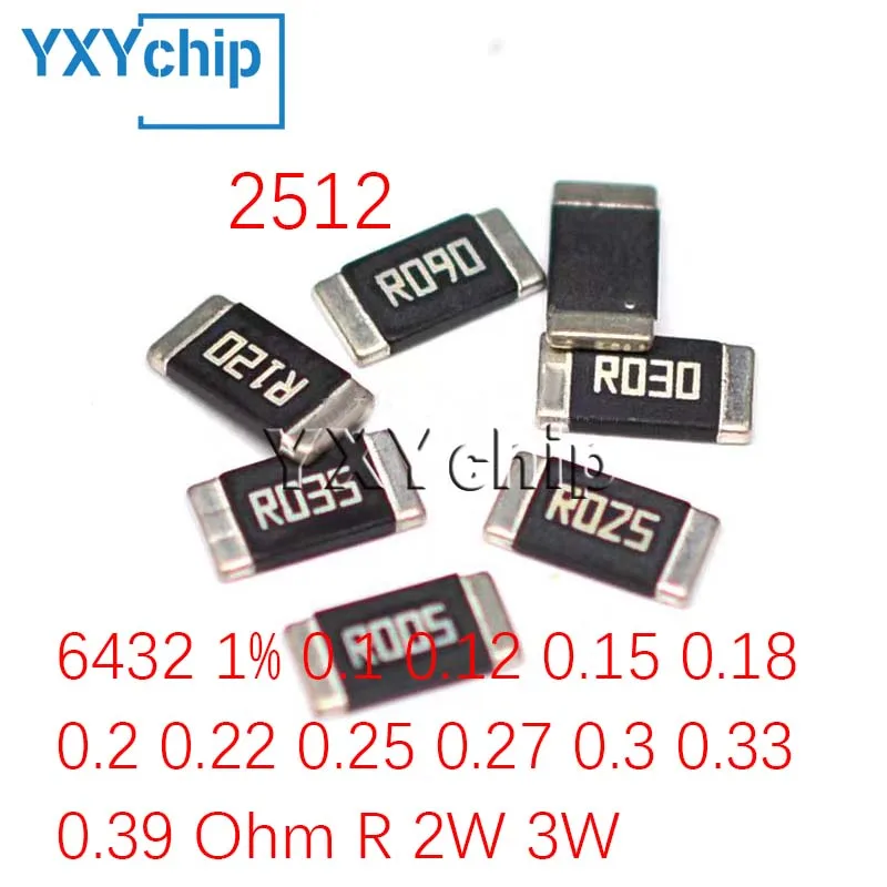 Metal o resistor da microplaqueta da liga, baixa resistência, 2512, 6432, 1%, 0,1, 0,12, 0,15, 0,18, 0,2, 0,22, 0,25, 0,27, 0,3, 0,33, 0,39 ohms, R 2W, 3W, 50 PCes