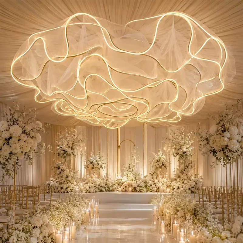Cloud LED Ceiling Light with Transparent Cloth Cover Warm Chandelier for Wedding Decoration and Party Supplies