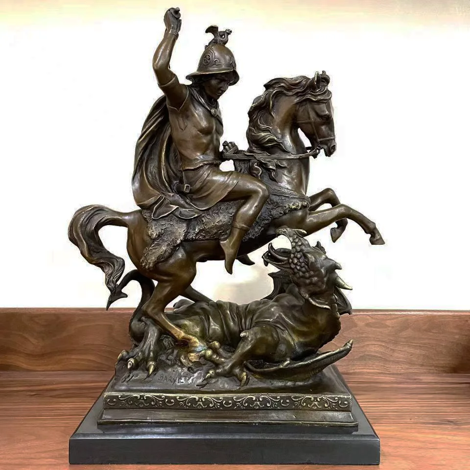 Large Bronze Saint George Slaying The Dragon Statue Legendary Medieval Knight Sculpture Antique Handicrafts for Home Decoration