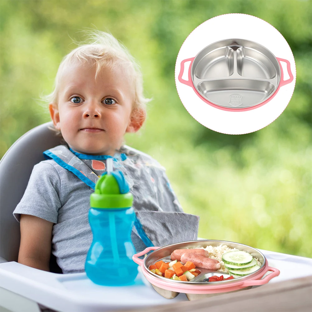

Children's Dinner Plates Stainless Steel 304 Pink Kids Food Divided Plate Compartment Platter Baby Feeding Bowls