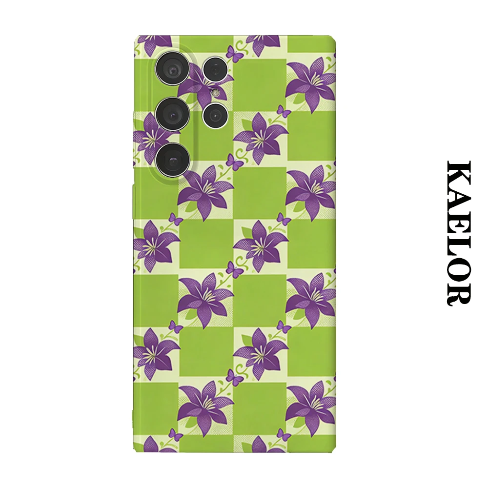 Green Check Purple Lily Durable Shiny Double-layer Case for Samsung S26 Ultra S25 S24 S23 Plus Anti-drop Scratch Resistant Cover