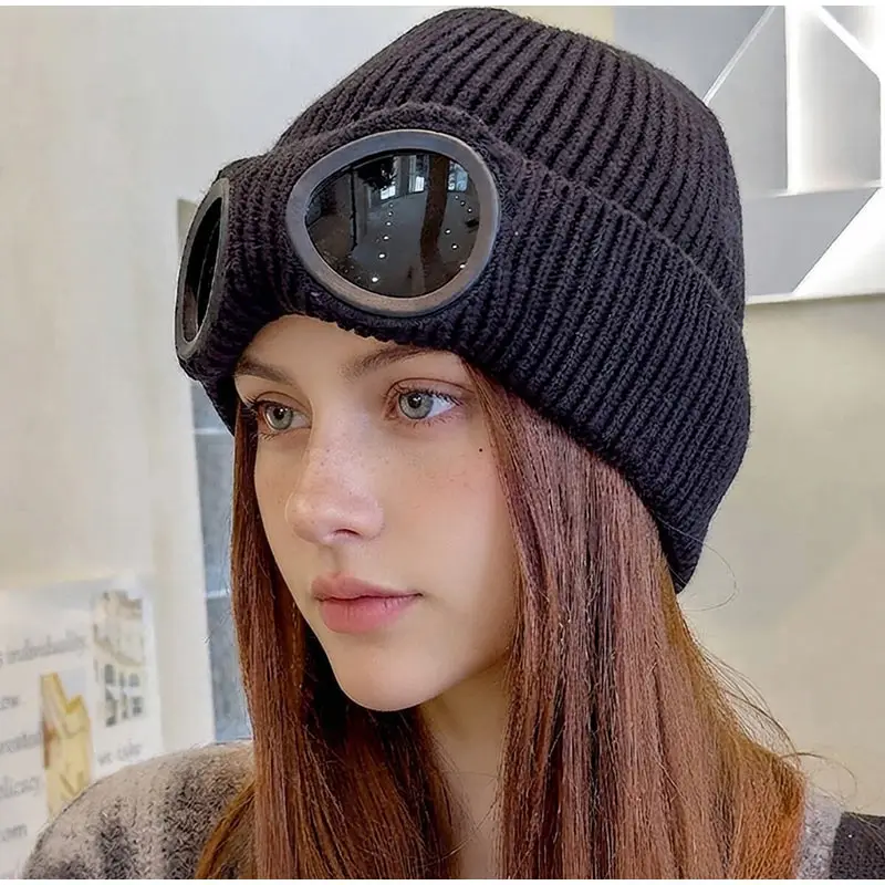 New Winter Knitted Hat With Goggles Soft Windproof Warm Ski Beanies Ear Protecting Garros Cap Fashion 6 Colors Woolen Hat Unisex