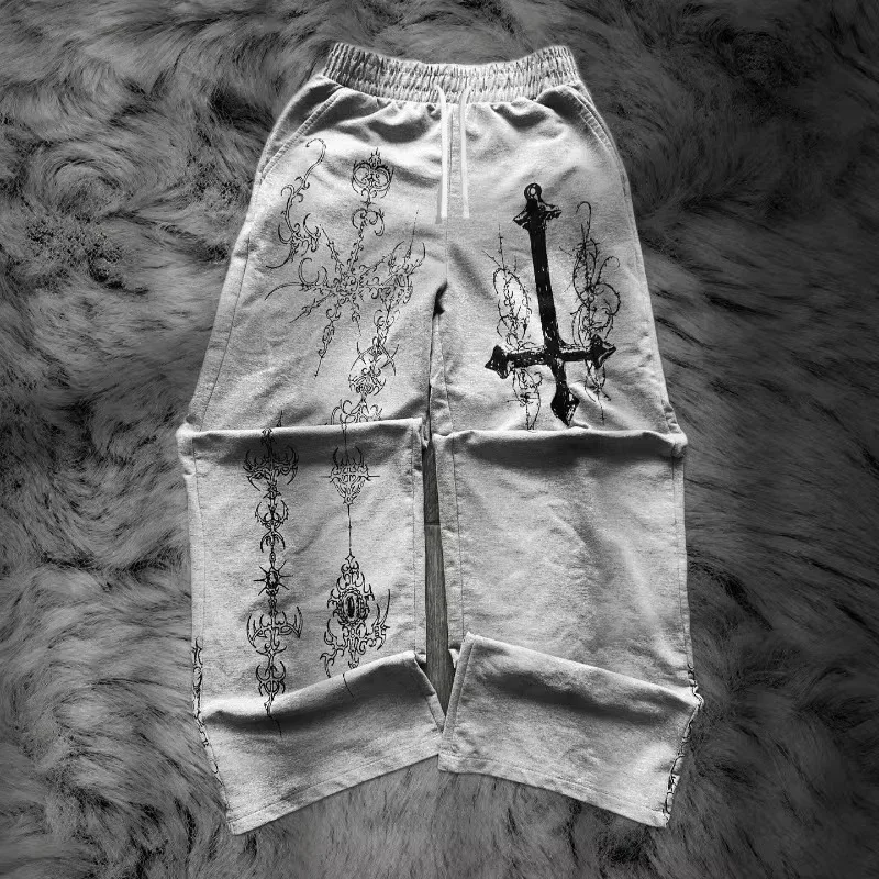 2026 American High Street Retro Gothic Cross Printed Wide Leg Sweatpants Men Harajuku Y2K Fashion Striped Casual Sports Pants