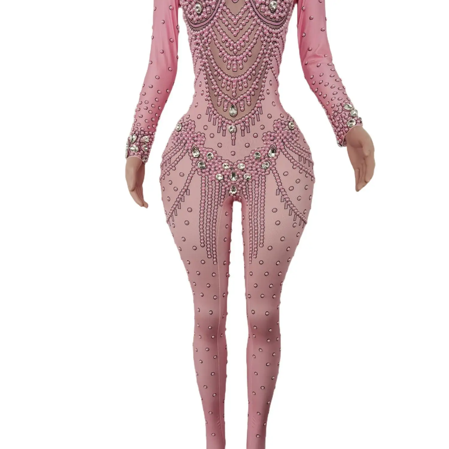 Women Nightclub Party Stage Wear Performance Costumes Sexy Stage Pink Color Jumpsuit Pink Glass Sparkling Crystals Bodysuit