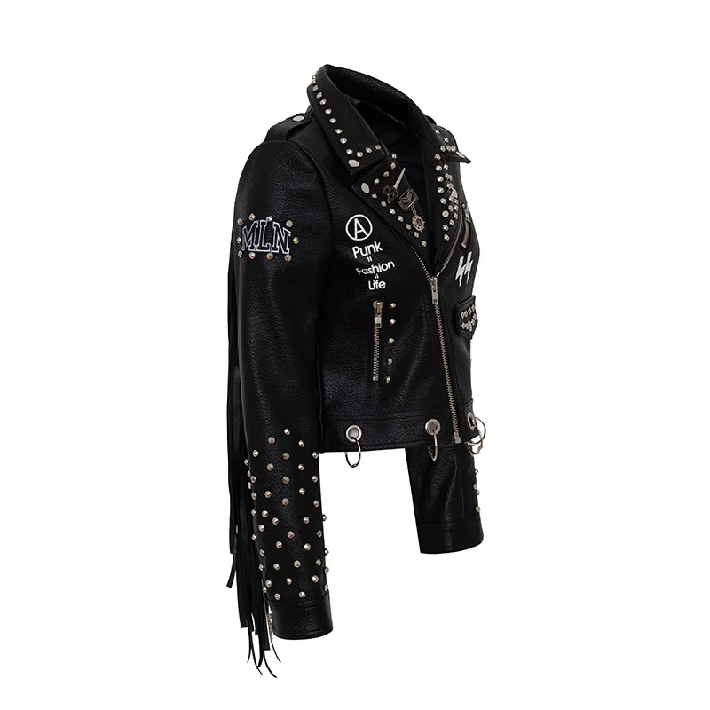 Women's Motorcycle Leather Jacket PU Material Women's Short Jacket Rivet Decoration Motorcycle Jacket Tassels Woman's Biker Coat