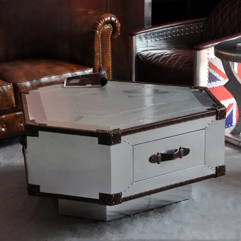 

LOFT industrial style hexagonal personalized coffee table cafe hotel KTV club aluminum leather rivet metal coffee table