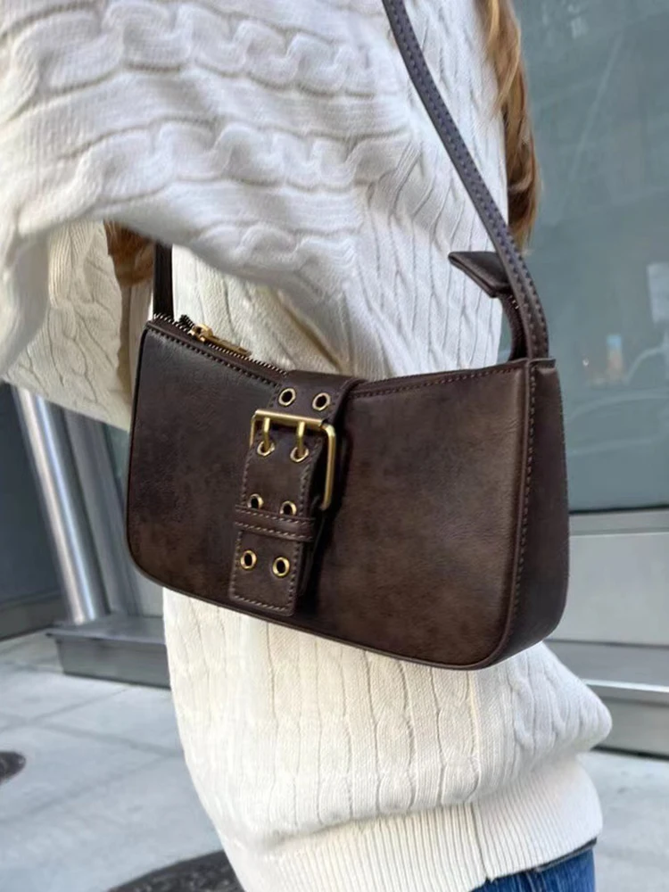 Casual Women Brown Buckle Bag Summer Fashion Ladies Vintage Bags Female Zipper-up Solid Color Shoulder Bags 2023