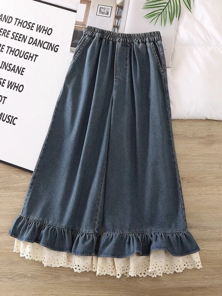 

plus Size Casual Lace Trim Denim Pants High Waist Wide Leg Jeans Loose Fit Spring Summer Blue Denim Comfortable Lazy Sle