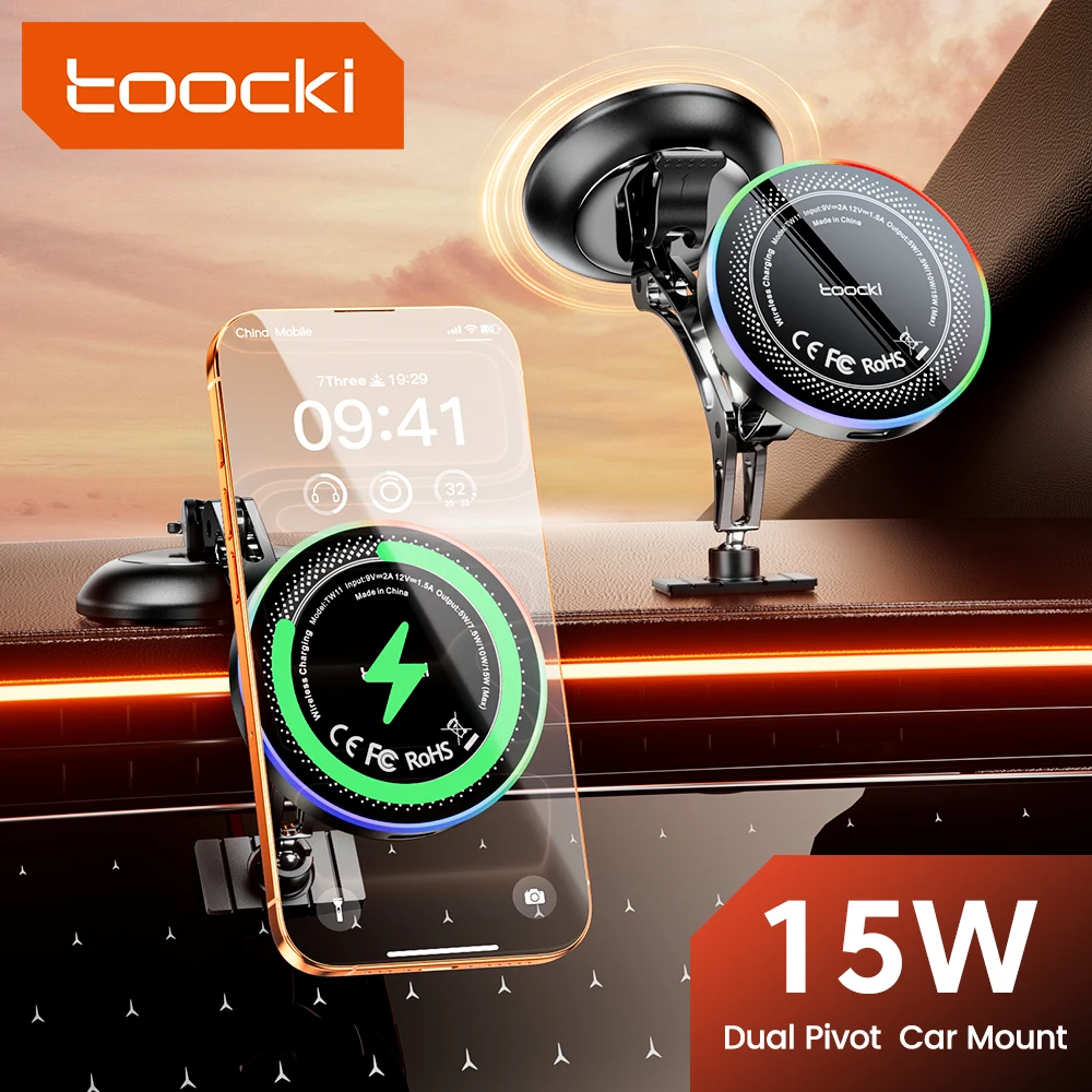 

Toocki 15W Fast Charging Magnetic Wireless Car Charger Dual Pivot LED Light 360° Rotate Universal Car Phone Holder For iPhone