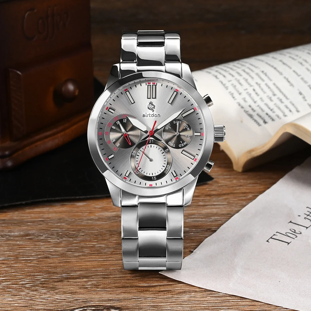 นาฬิกาควอทซ์ธุรกิจแฟชั่นผู้ชายแอร์ดอนแฟชั่นสามตาหกขานาฬิกาข้อมือสำหรับผู้ชายสายสเตนเลสนาฬิกาข้อมือสำหรับผู้ชาย