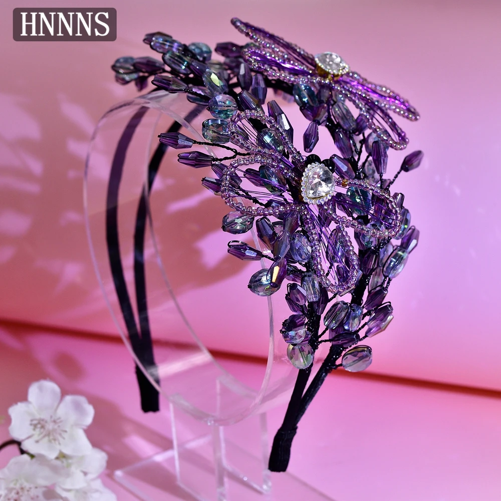

HNNNS Purple Butterfly Beaded Headband Sparkling Crystal Headpiece Glamour Headdress Elegant Wedding Dress Hair Accessories A131